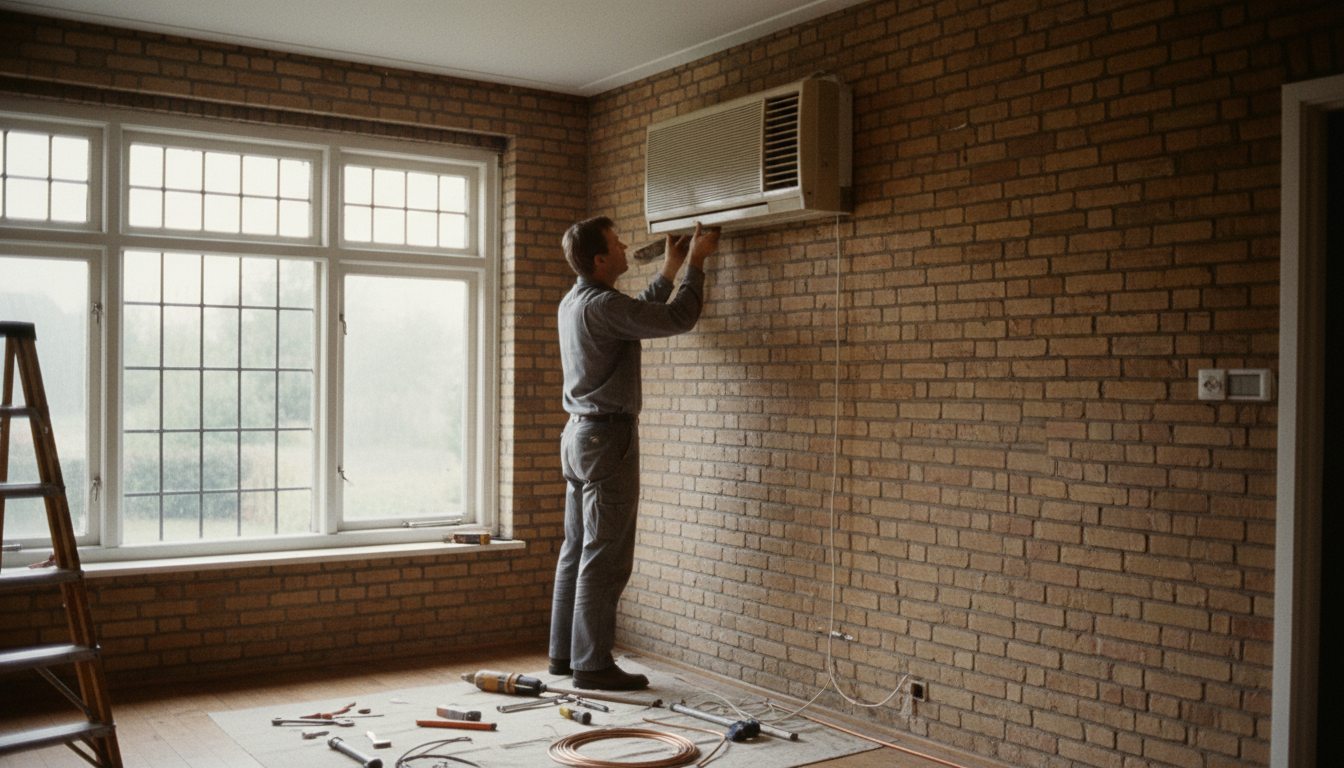 Airconditioning installatie bij bakstenen woning in Vlaanderen