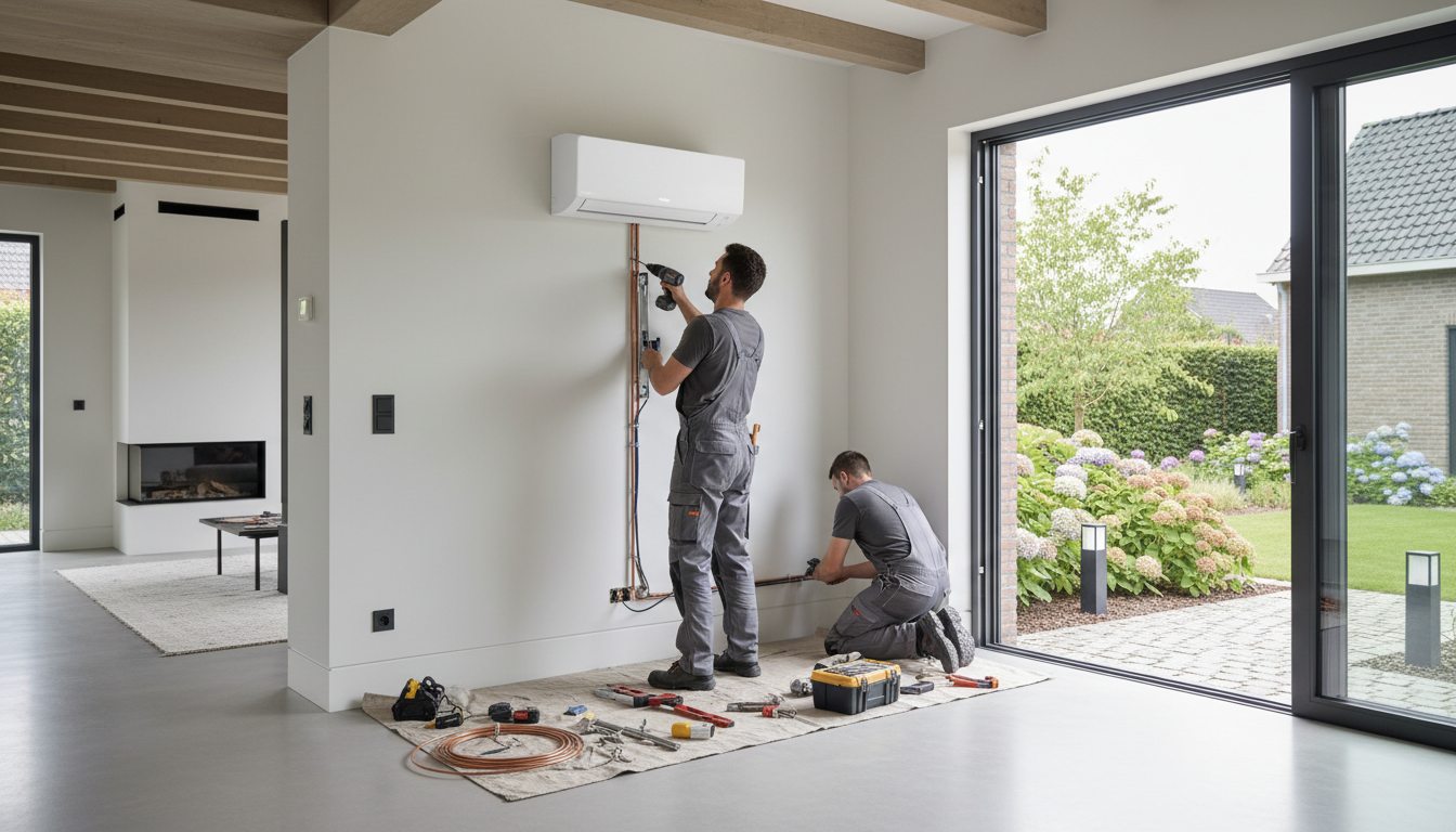 Airconditioning installatie bij bakstenen woning in Vlaanderen