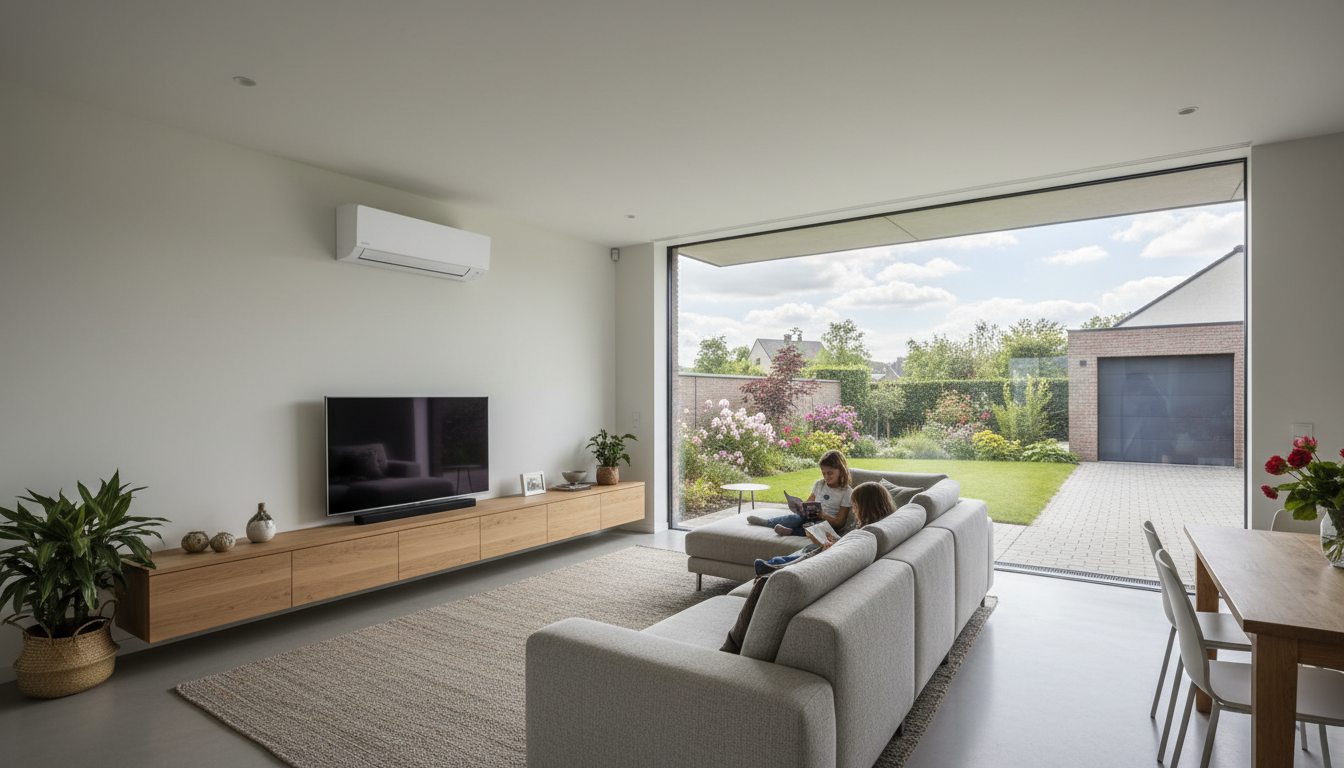 Airconditioning installatie bij bakstenen woning in Vlaanderen